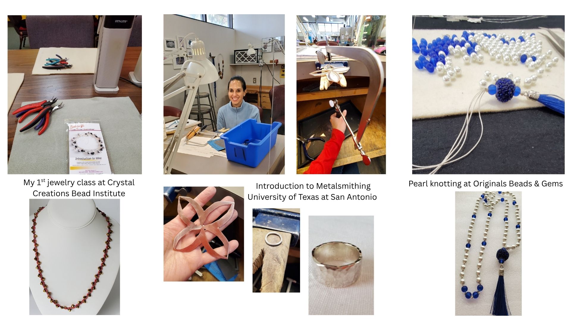 Collage of images showing jewelry making, a person working at a desk, and beads, tools, and jewelry pieces displayed.