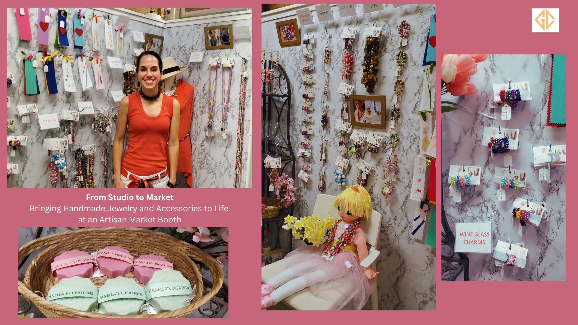 Person smiling at jewelry booth with accessories displayed on walls and a doll on a bed, pink background.