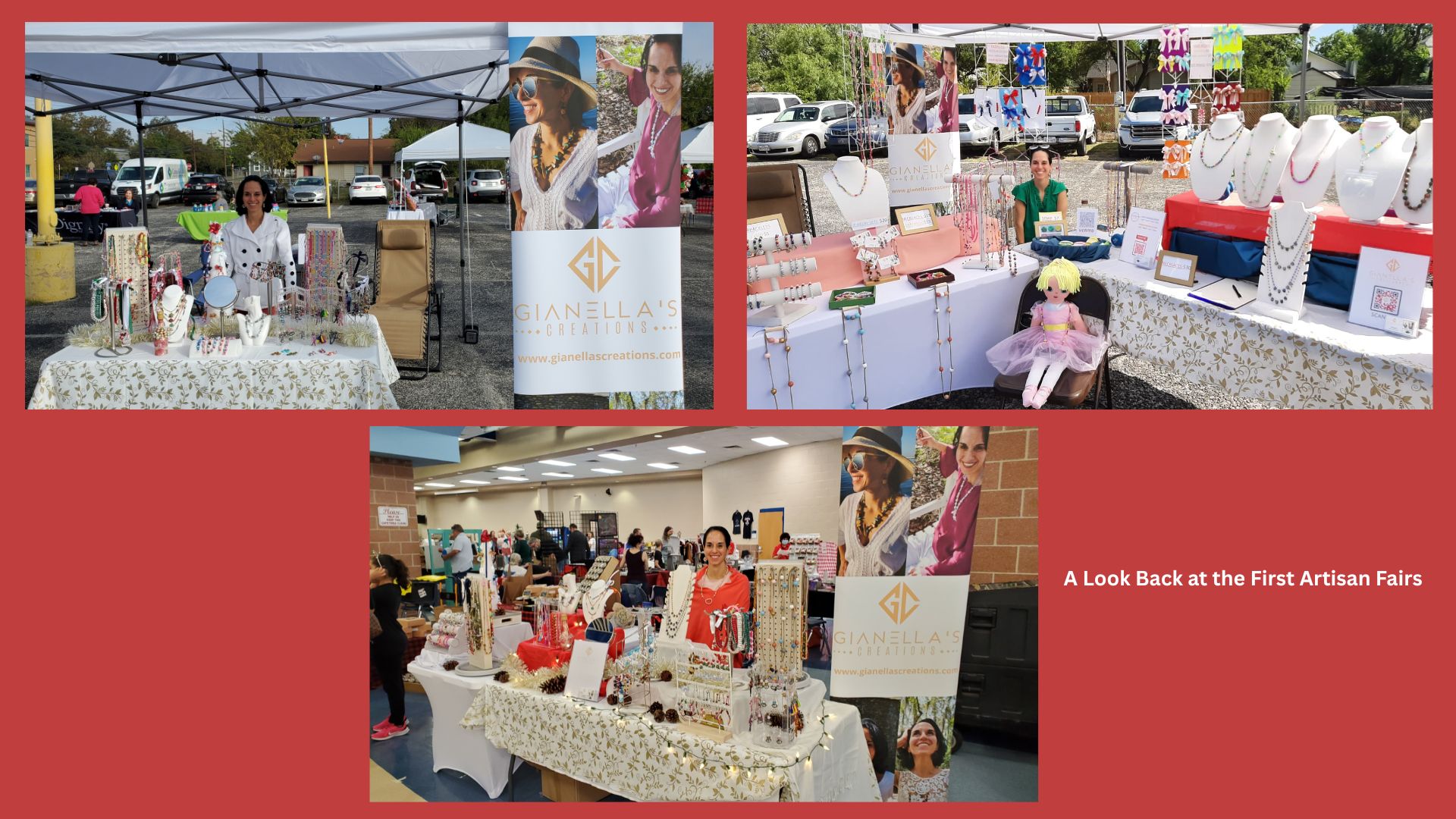 Three photos of artisan fair booths with tables displaying jewelry and crafts, people browsing and vendors attending, with a red background.