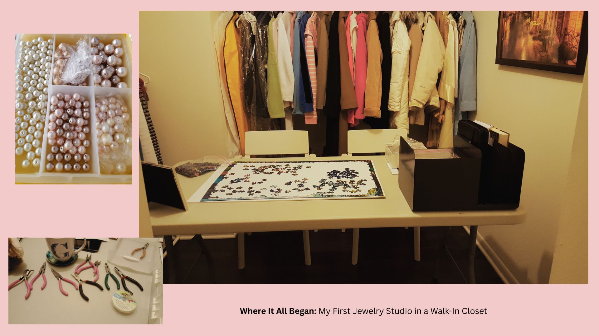 Jewelry supplies, a walk-in closet with hanging clothes, and jewelry tools on a pink background.