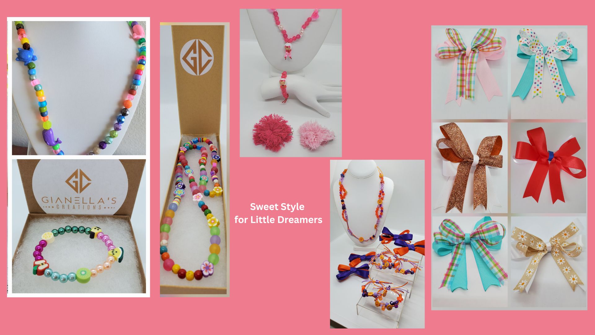 Collection of colorful jewelry including necklaces, bracelets, and bows displayed on pink background.
