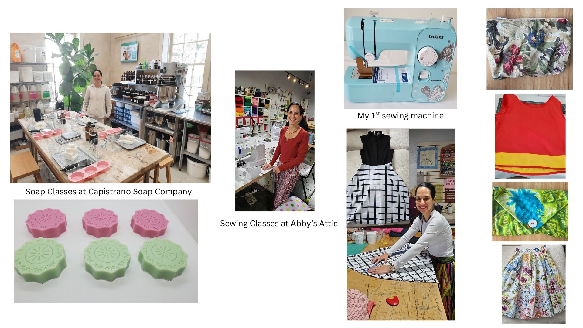 Collage of sewing classes, sewing machine, and fabric swatches with people working on projects.