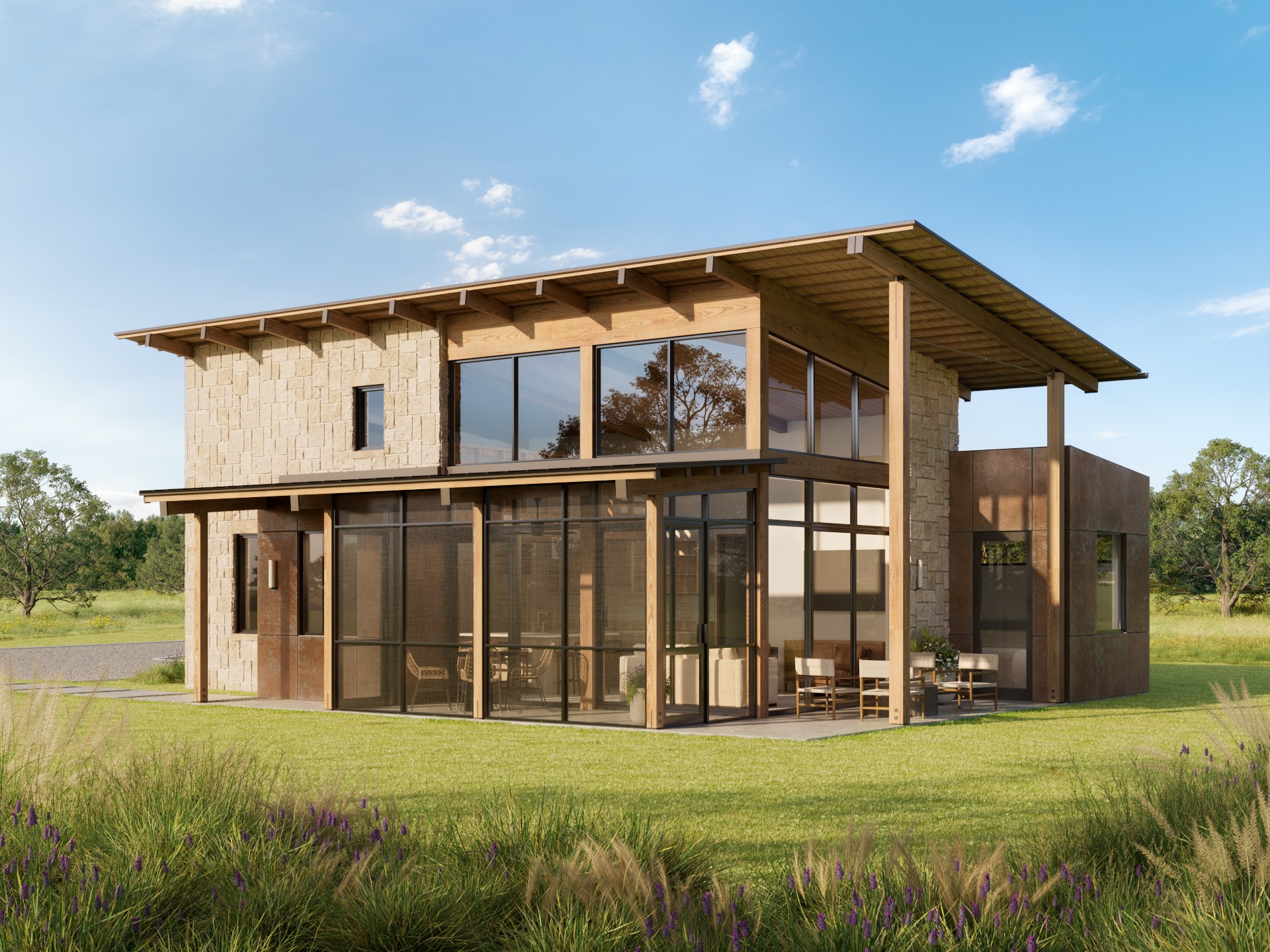 Modern two-story house with large glass windows and wooden exterior, set in a grassy landscape under a blue sky.