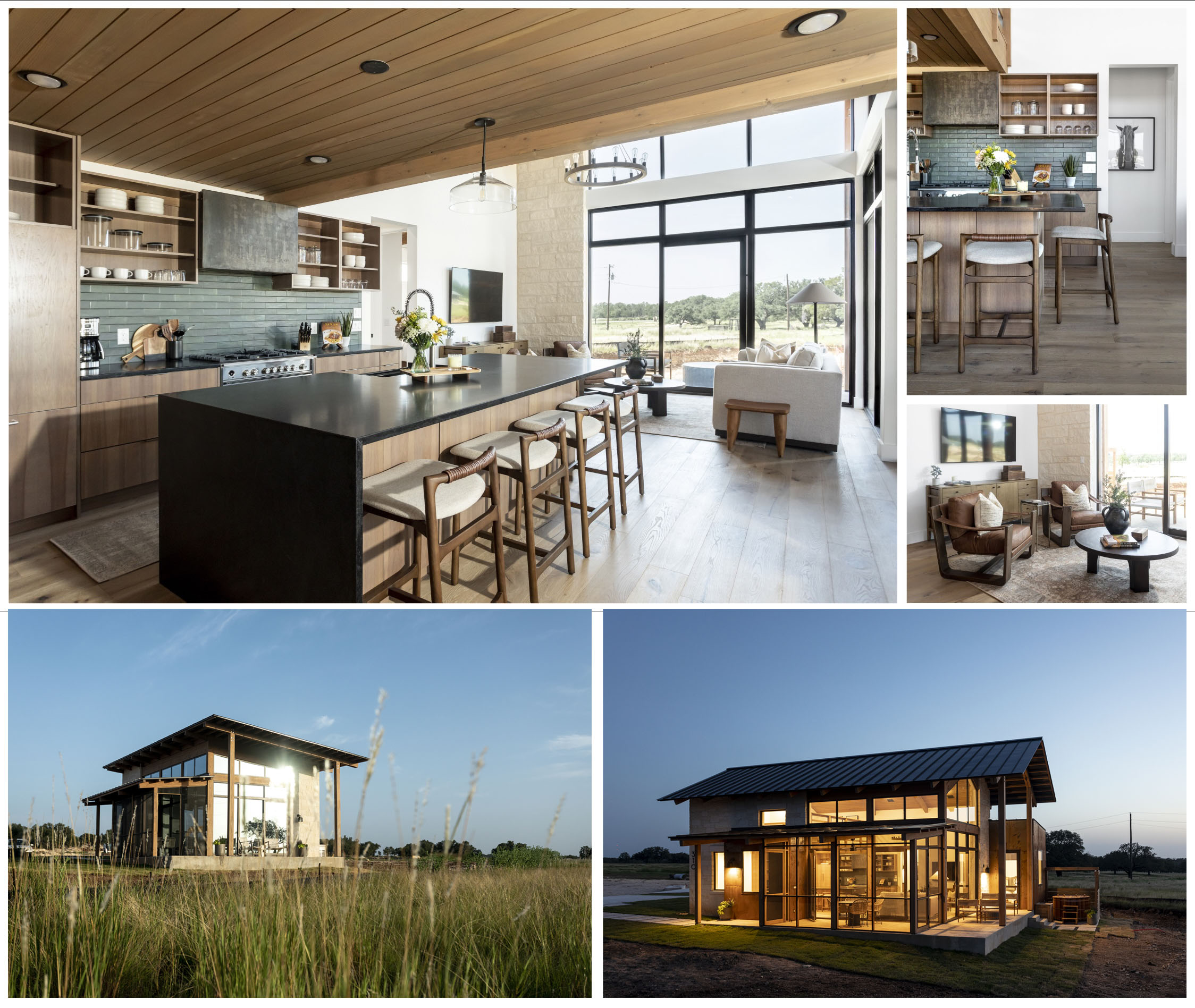 Collage of interior kitchen and dining spaces, and exterior views of a modern house and a small building, daytime and evening.