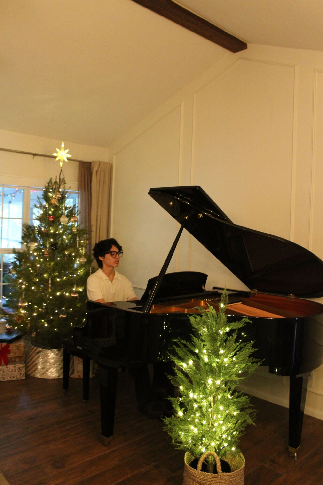 Person playing grand piano next to decorated Christmas trees in a cozy room.