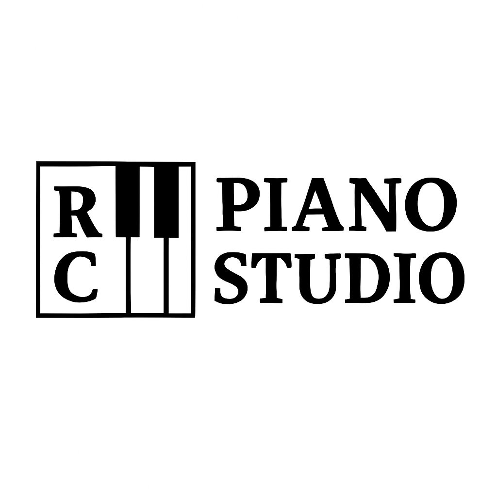 Logo with piano keys, text reads 'RII PIANO STUDIO', black and white, rectangular design.