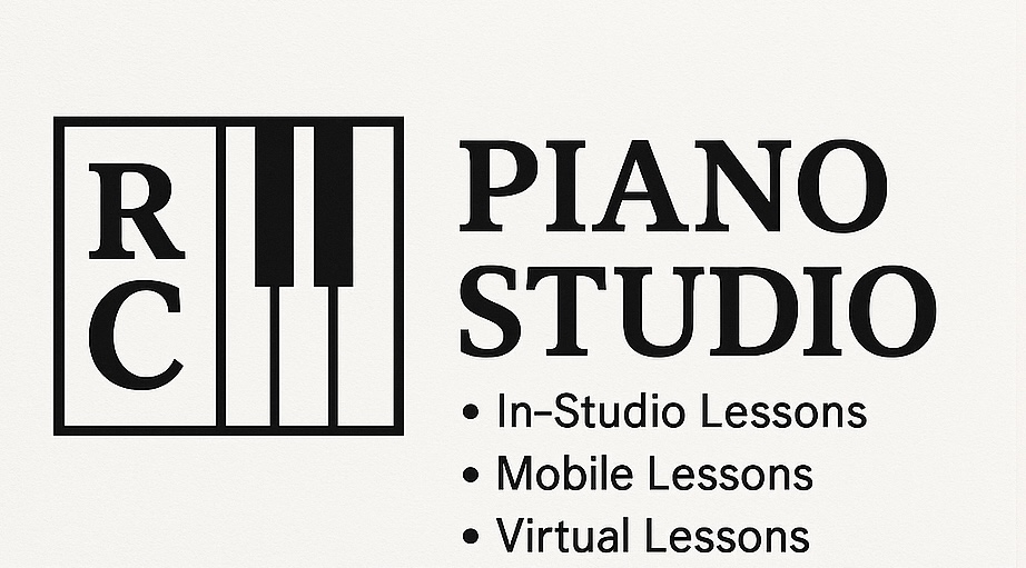 Logo with 'RC' and piano keys, text 'Piano Studio' and lesson types listed.