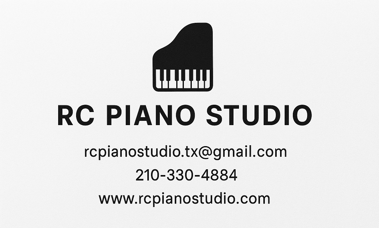 Business card with a grand piano icon, text for RC Piano Studio, email, phone, and website.