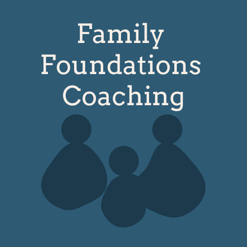 Text reading 'Family Foundations Coaching' with three abstract human figures below, on a blue background.