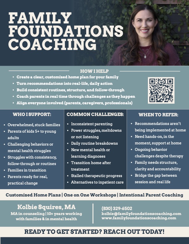 Smiling woman with dark hair standing outdoors, text about family foundations coaching, services, and contact information.
