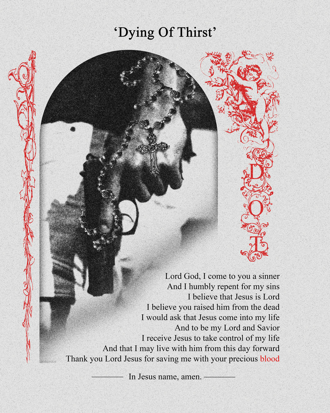 Black and white profile of a woman with a beaded headpiece, surrounded by red decorative borders, and text about faith and gratitude.