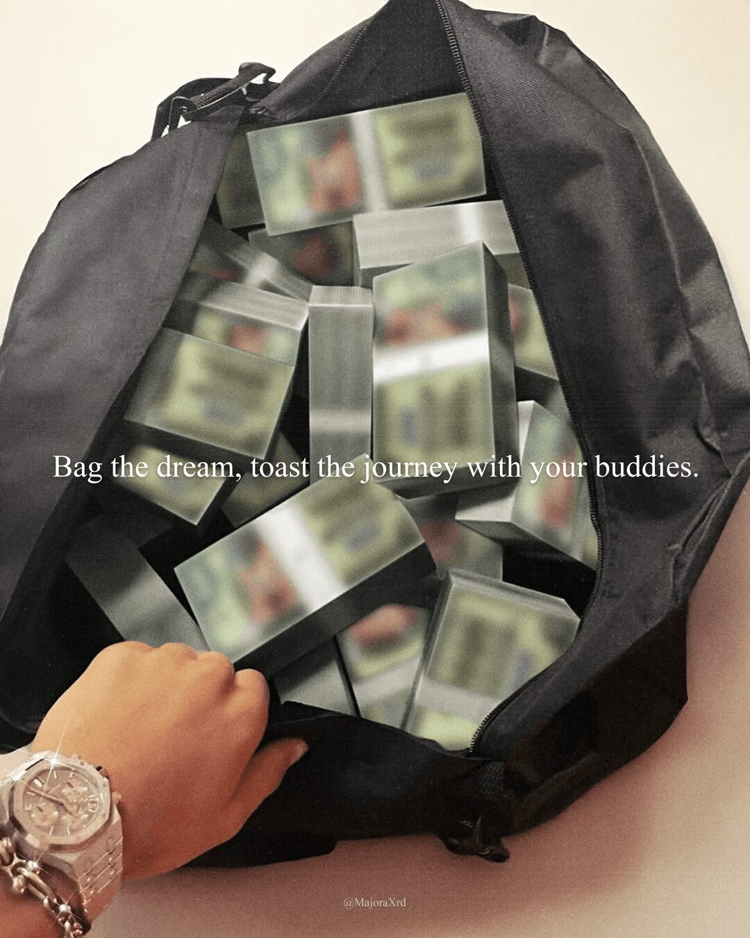 Open black bag filled with blurred rectangular objects, hand with watch reaching inside, text overlay about dreams and journey.