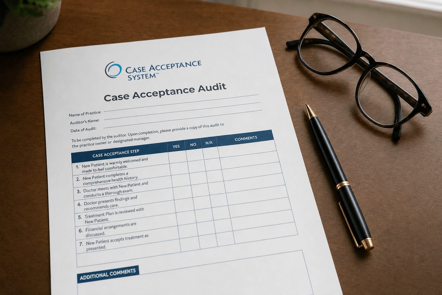 Audit form titled 'Case Acceptance Audit' on a wooden surface with glasses and a pen nearby.