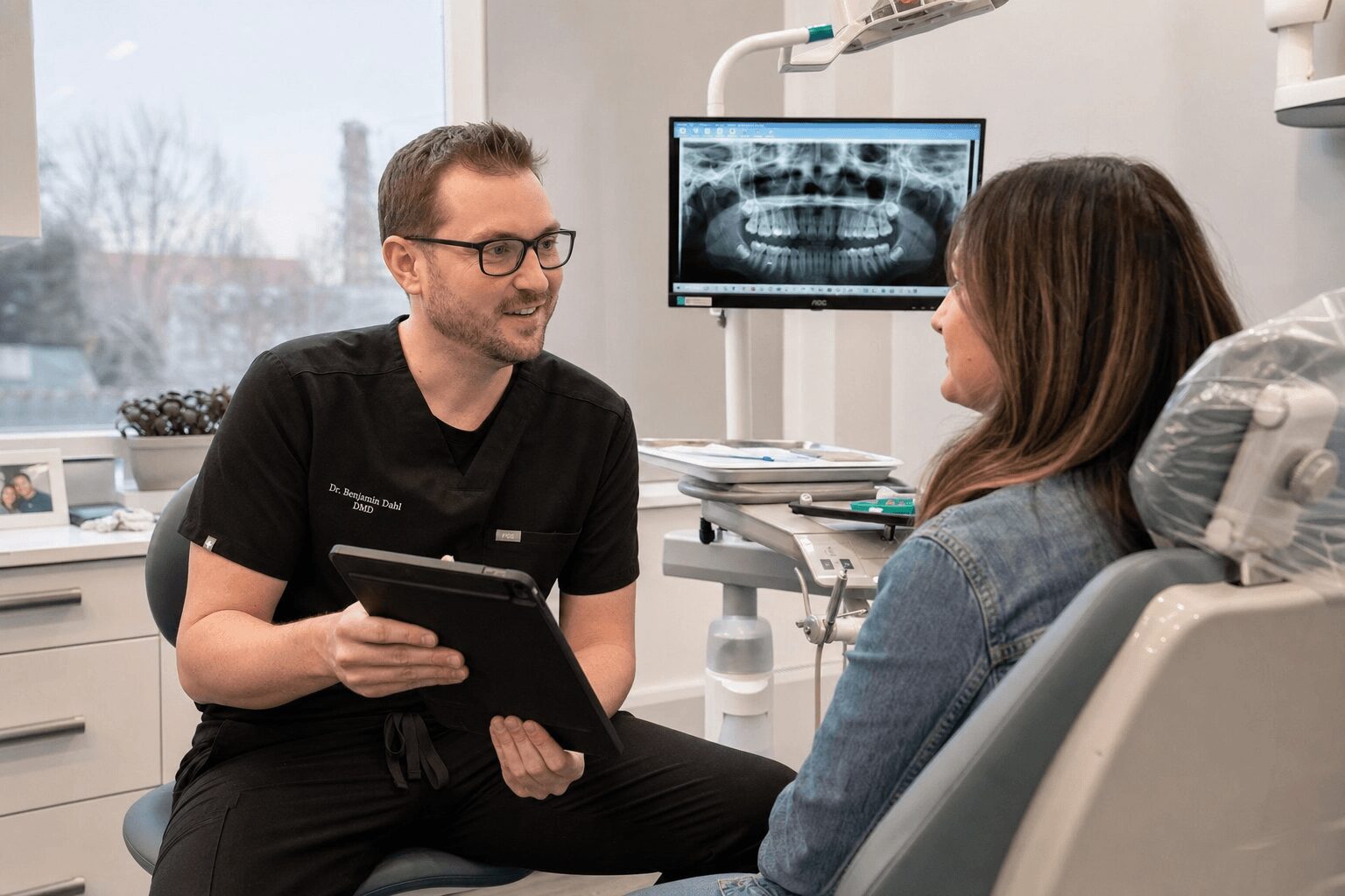 Dentist and patient talking in dental office with dental X-ray on monitor, dentist holding a tablet, patient seated in dental chair.