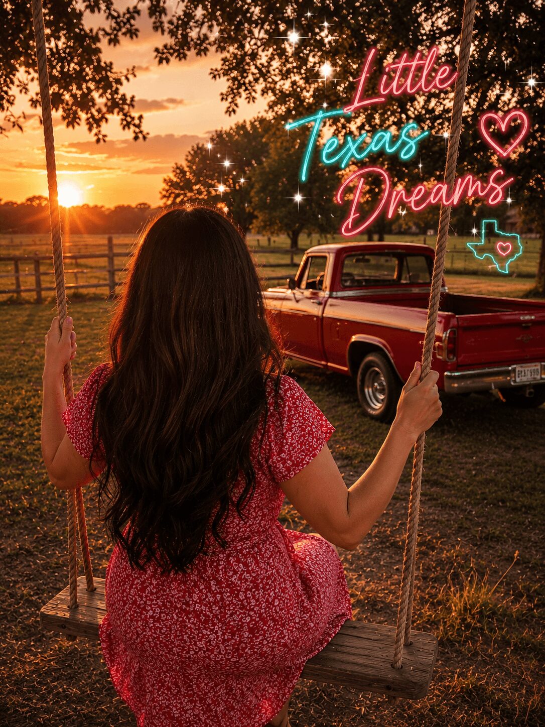 Person with long hair sitting on a swing at sunset, holding a sign, with neon sign reading 'Little Texas Dreams' and a vintage truck nearby.