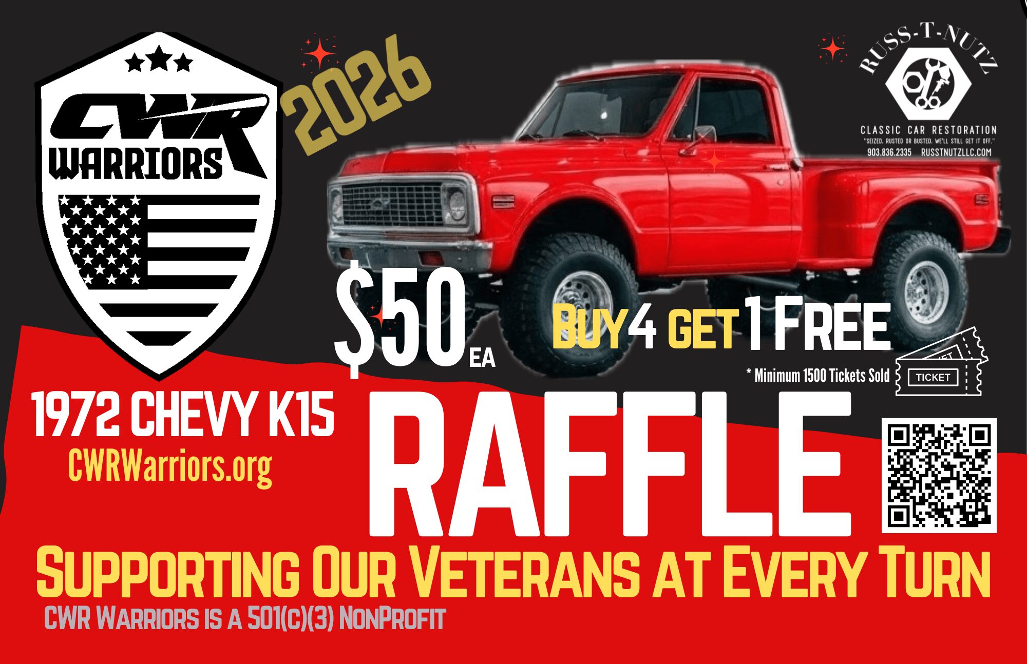 Red pickup truck with text about a raffle supporting veterans, $50 each, buy 4 get 1 free, and a QR code.