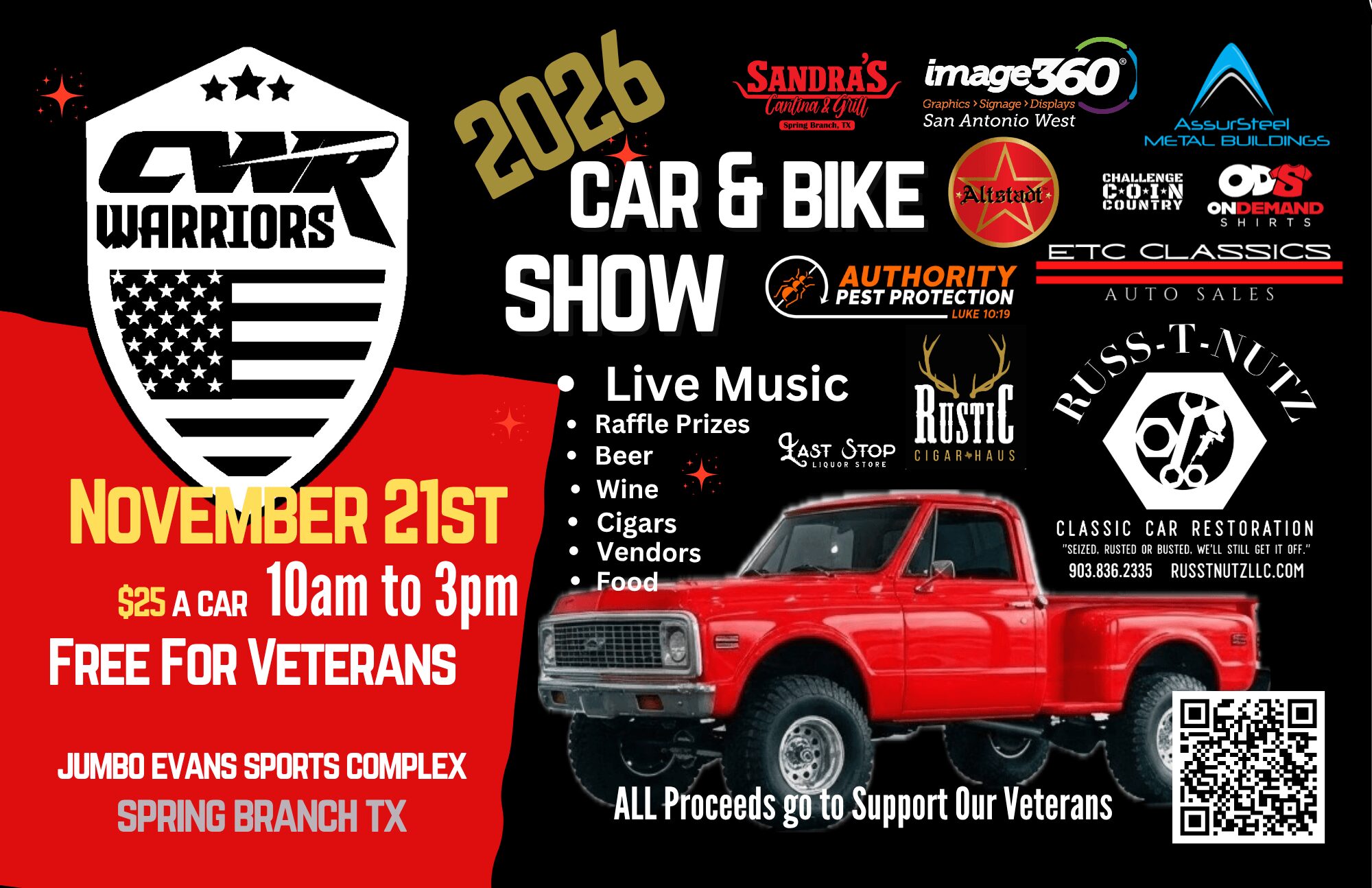Event poster for November 21st car and bike show with a red truck, live music, raffle prizes, and free entry for veterans.