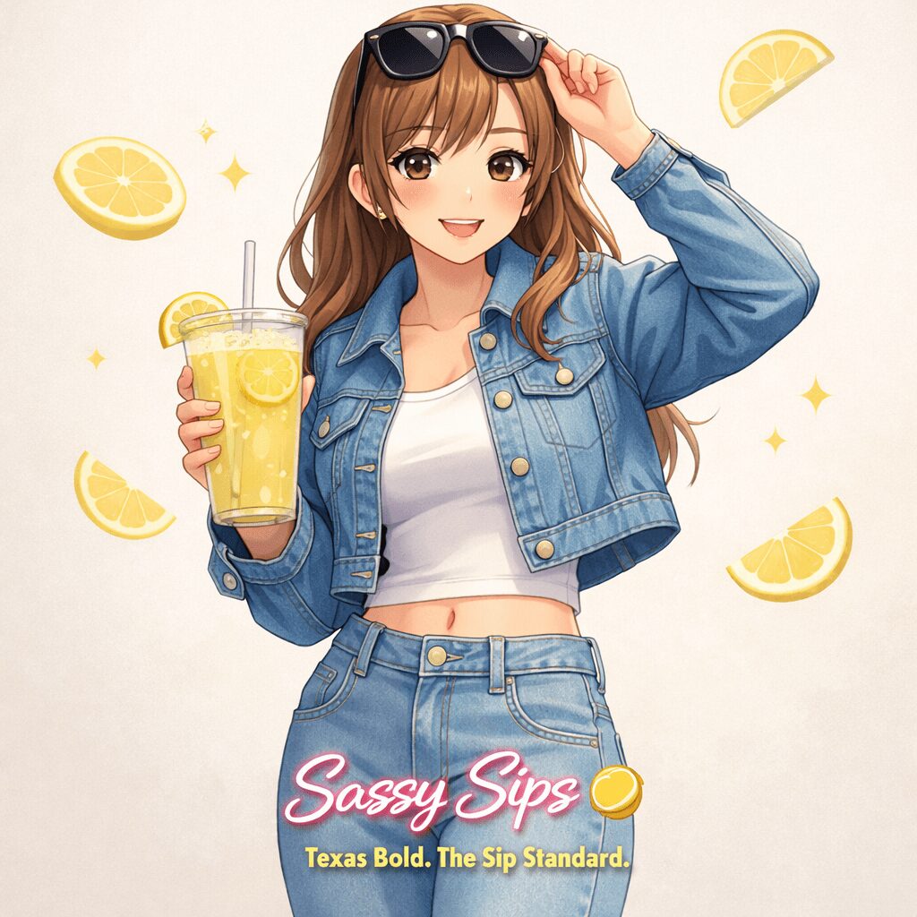 Young woman with sunglasses holding a lemon drink, smiling, surrounded by lemon slices, wearing a denim jacket and white top.