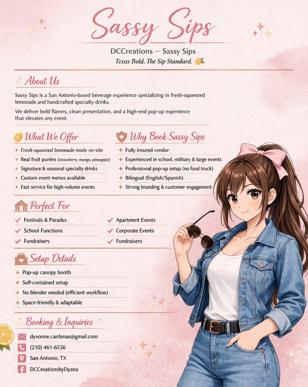 Young woman with brown hair and blue shirt holding a pen, smiling, pink background with text about Sassy Sips event.