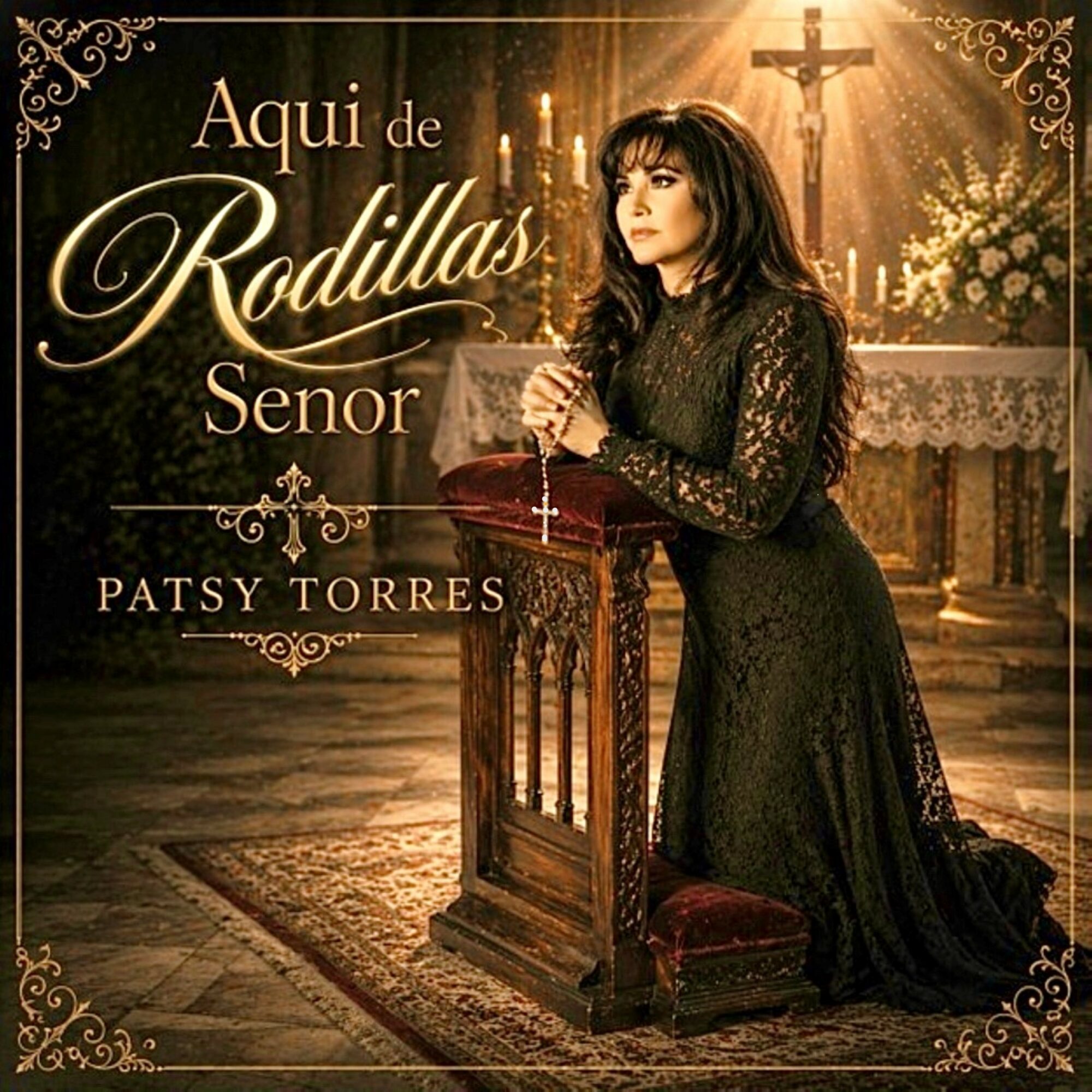 Woman in black lace dress kneels in a church with a cross in the background, holding a rosary, candlelit setting.