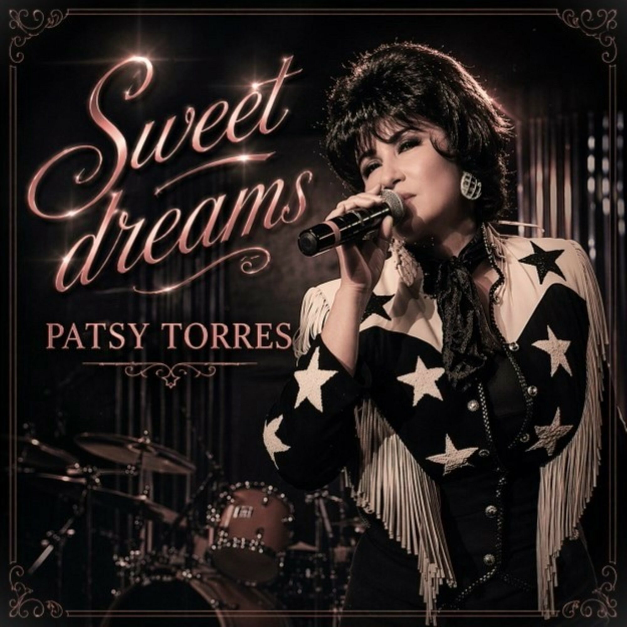 A woman singing into a microphone with a drum set in the background, wearing a star-patterned jacket, with text 'Sweet dreams' and 'PATSY TORRES'.