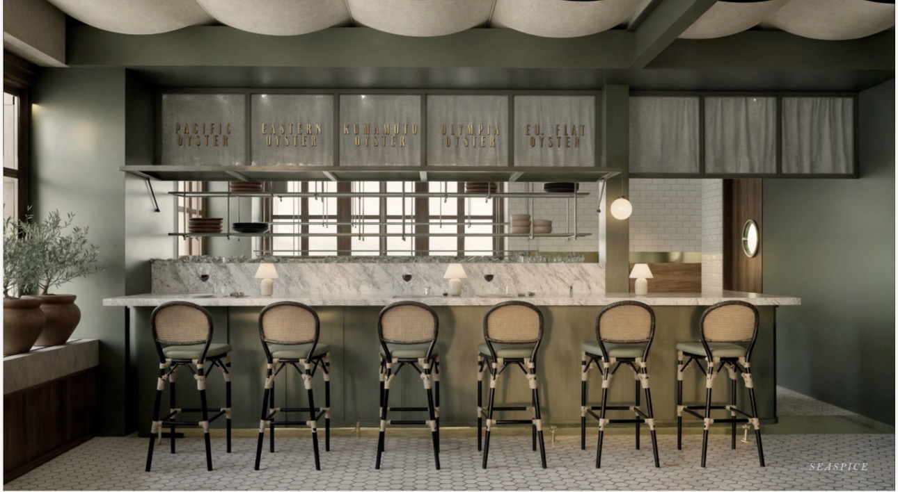 Bar counter with six chairs, marble top, behind a windowed wall, in a modern interior space.