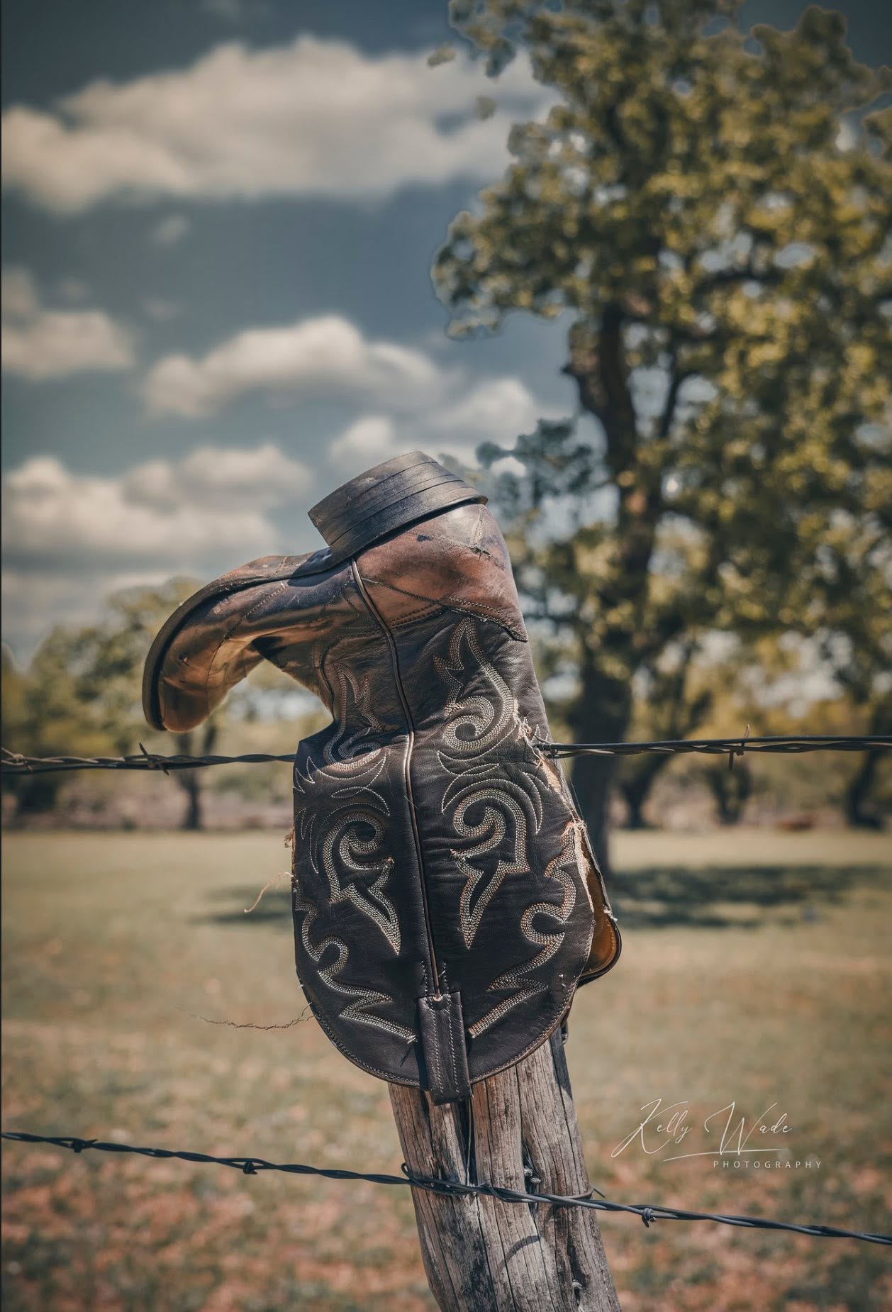 Person wearing a hat and patterned clothing standing outdoors near a fence with trees and sky in background.