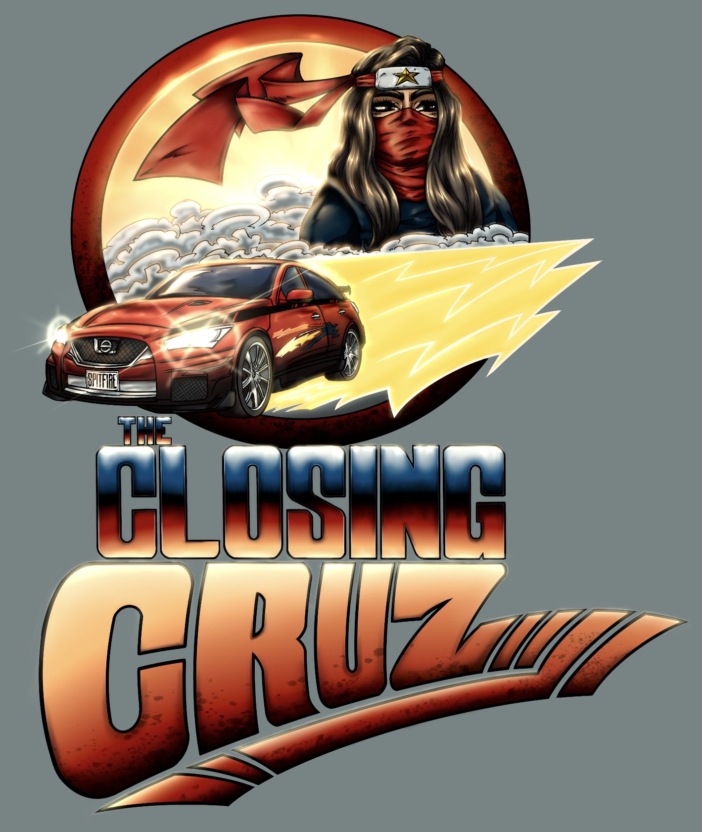 A woman with a bandana and red face covering, a red car with lightning, and a circular emblem with a dragon, with the text 'Closing Cruz'.