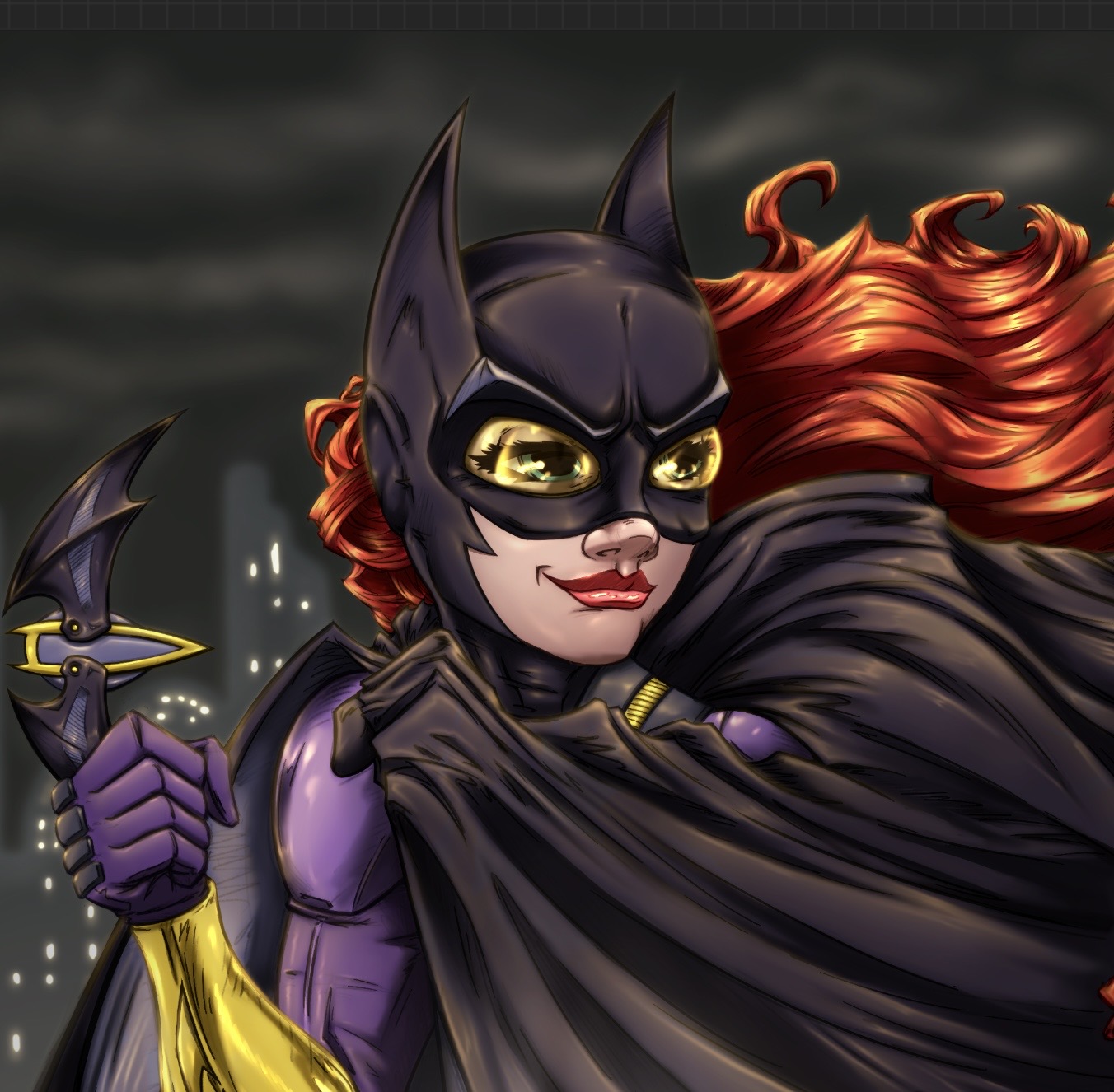 A character with a bat-like mask, red hair, and a black cape, holding a dagger, in a dark background.
