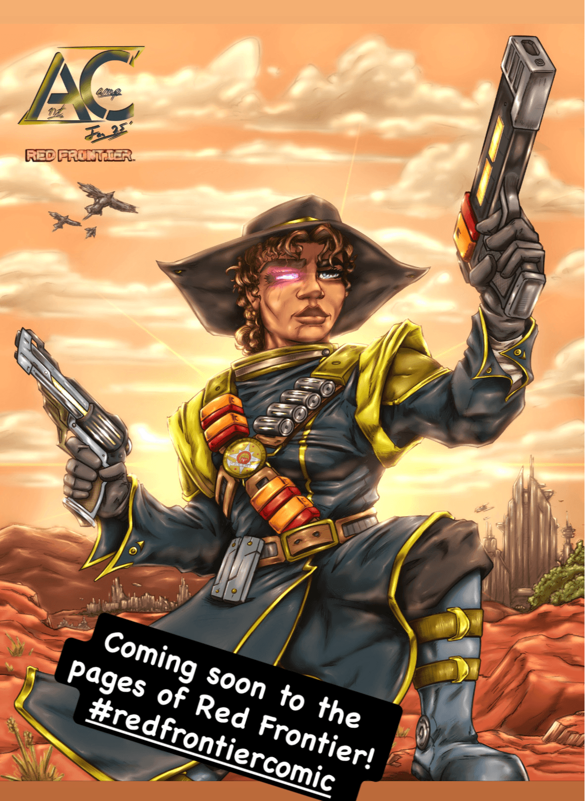 A character in a yellow and black outfit holds two guns, with a sunset sky and aircraft in background.