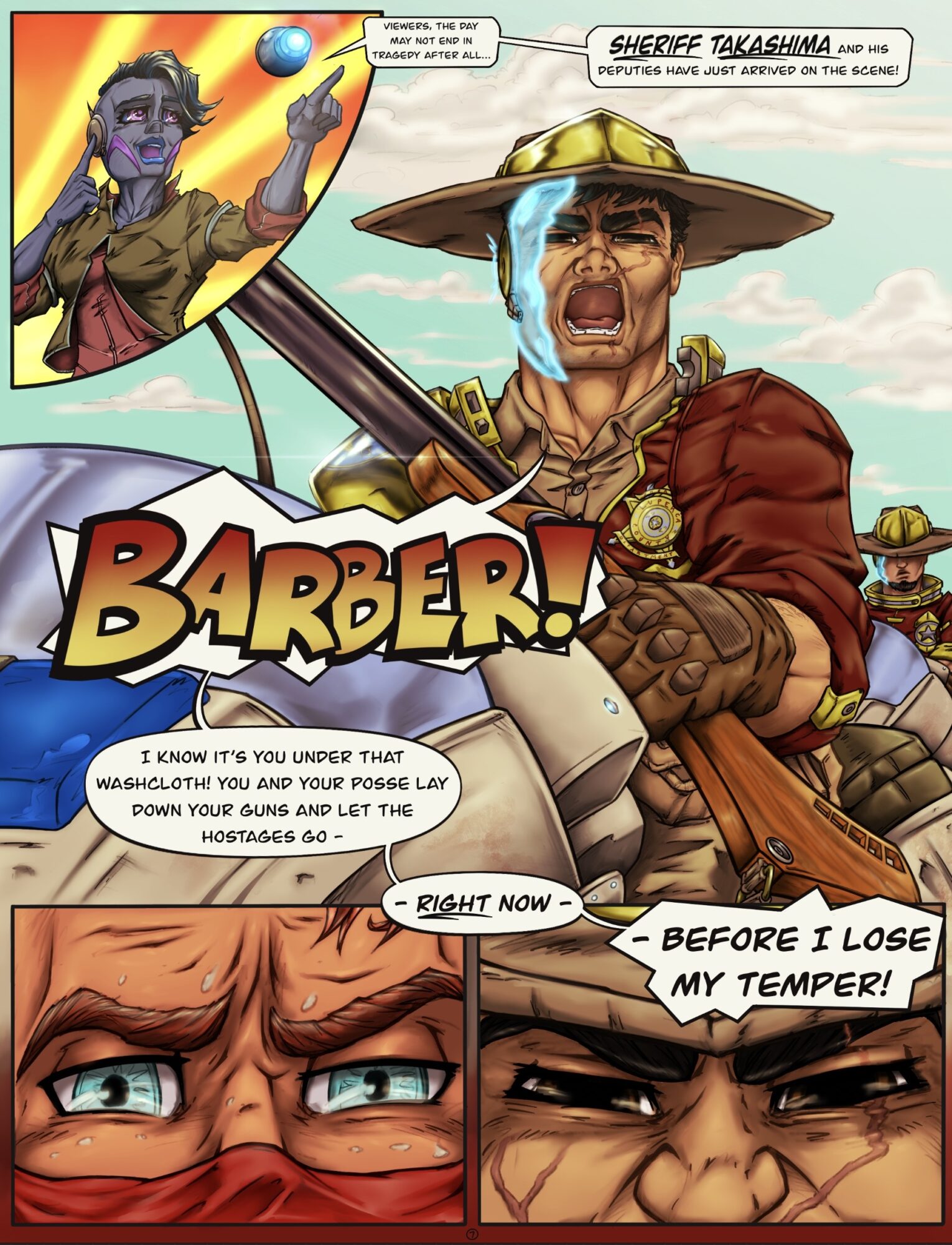 Sheriff Takashima with a serious expression, holding a rifle, and a man with glasses and a determined look. Speech bubbles contain dialogue.