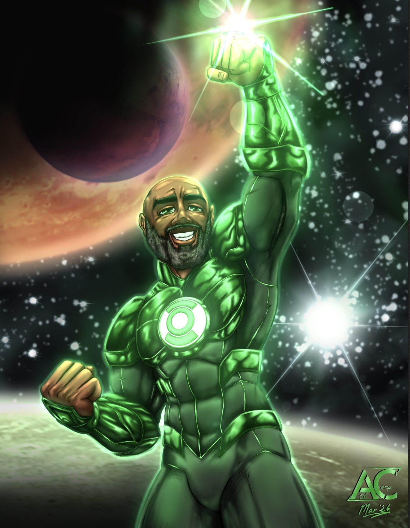 Green muscular superhero with glowing ring on chest, raising fist with bright light, space background with planets and stars.