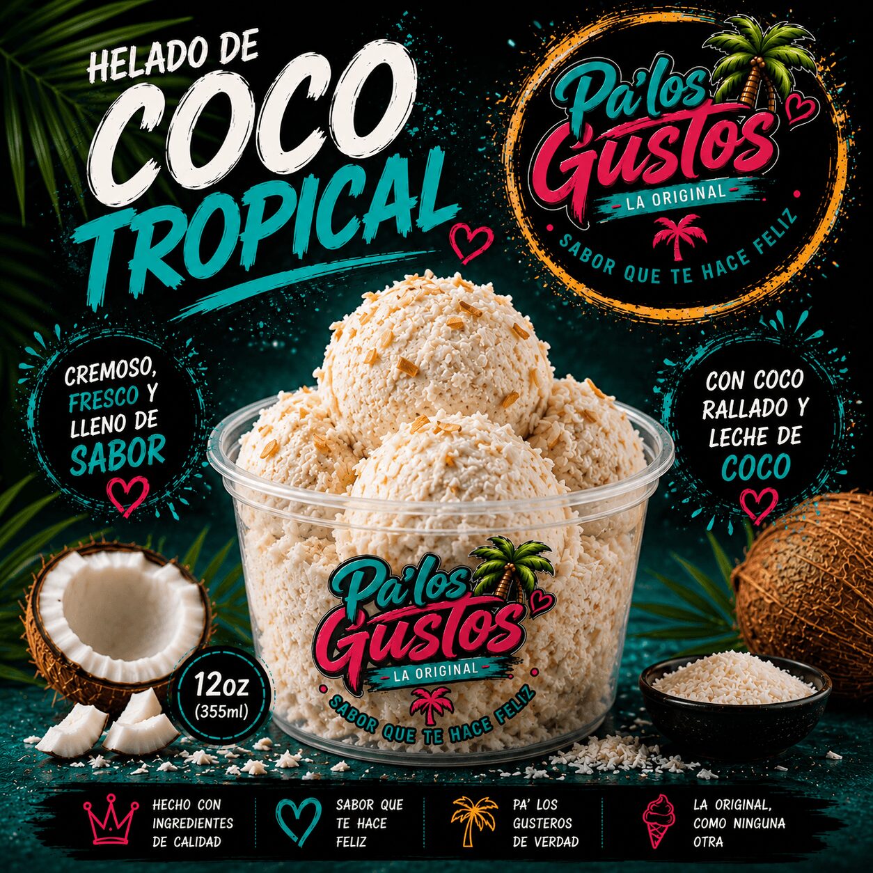Coconut tropical ice cream in a clear cup with coconut and coconut milk images, colorful text, and a black background.
