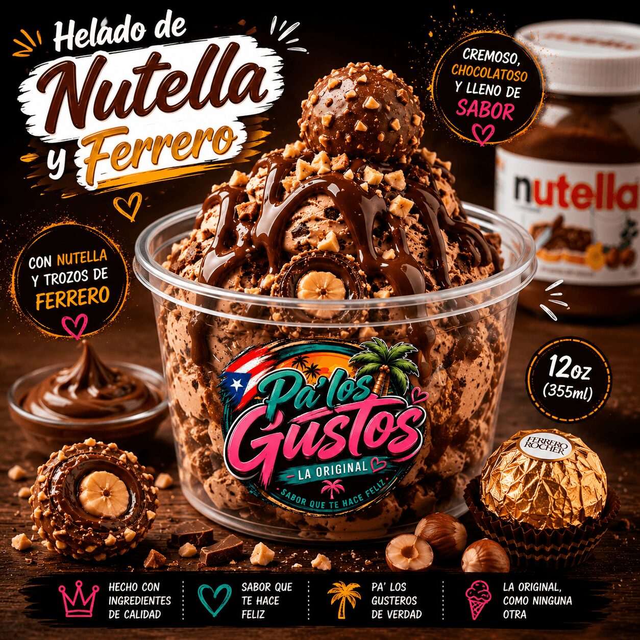 Cup of Nutella and Ferrero ice cream with chocolate toppings, surrounded by Ferrero chocolates and Nutella jar, colorful label, 12oz size.