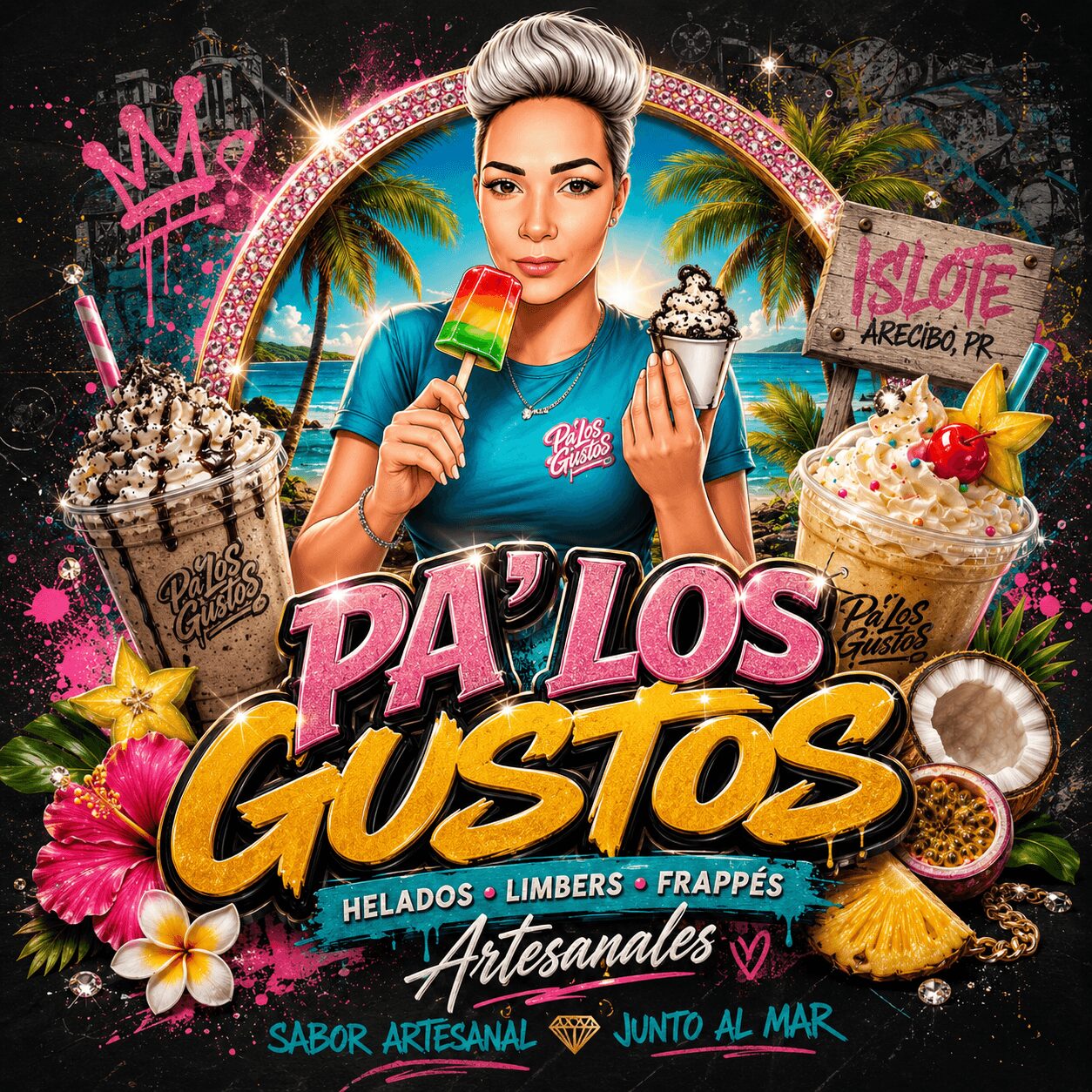 Woman with short hair holding ice cream, surrounded by desserts, flowers, and tropical background, promoting artisanal flavors.