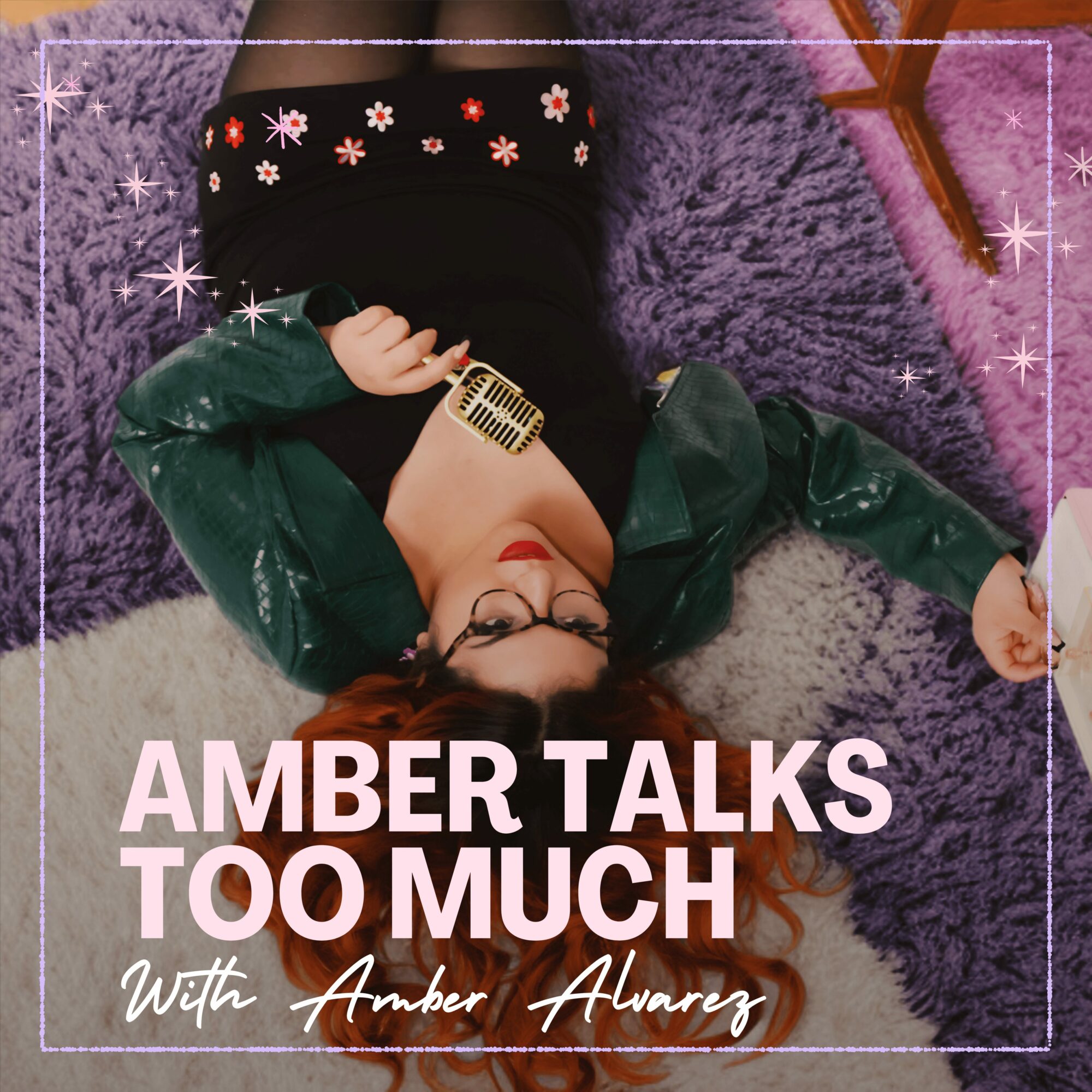 A woman with glasses lying on a purple rug, holding a microphone, with text overlay about Amber talks. Word count: 20.