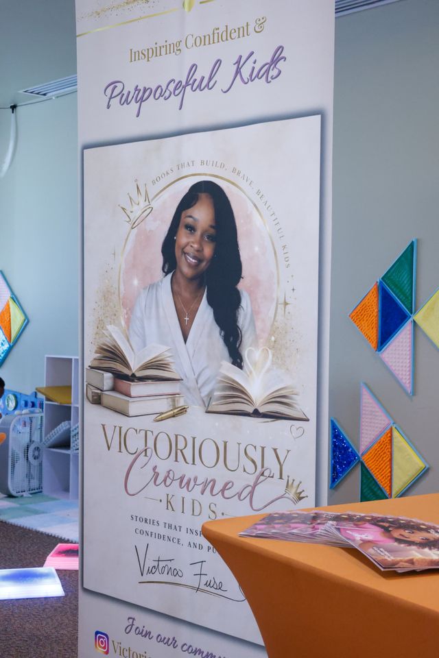 Poster featuring a smiling woman with long dark hair, books, and text about confident and purposeful kids.