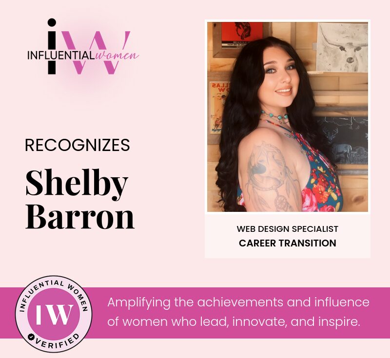 Recognition of Shelby Barron, web design specialist, with a photo of her smiling, long dark hair, tattoos, and colorful top.