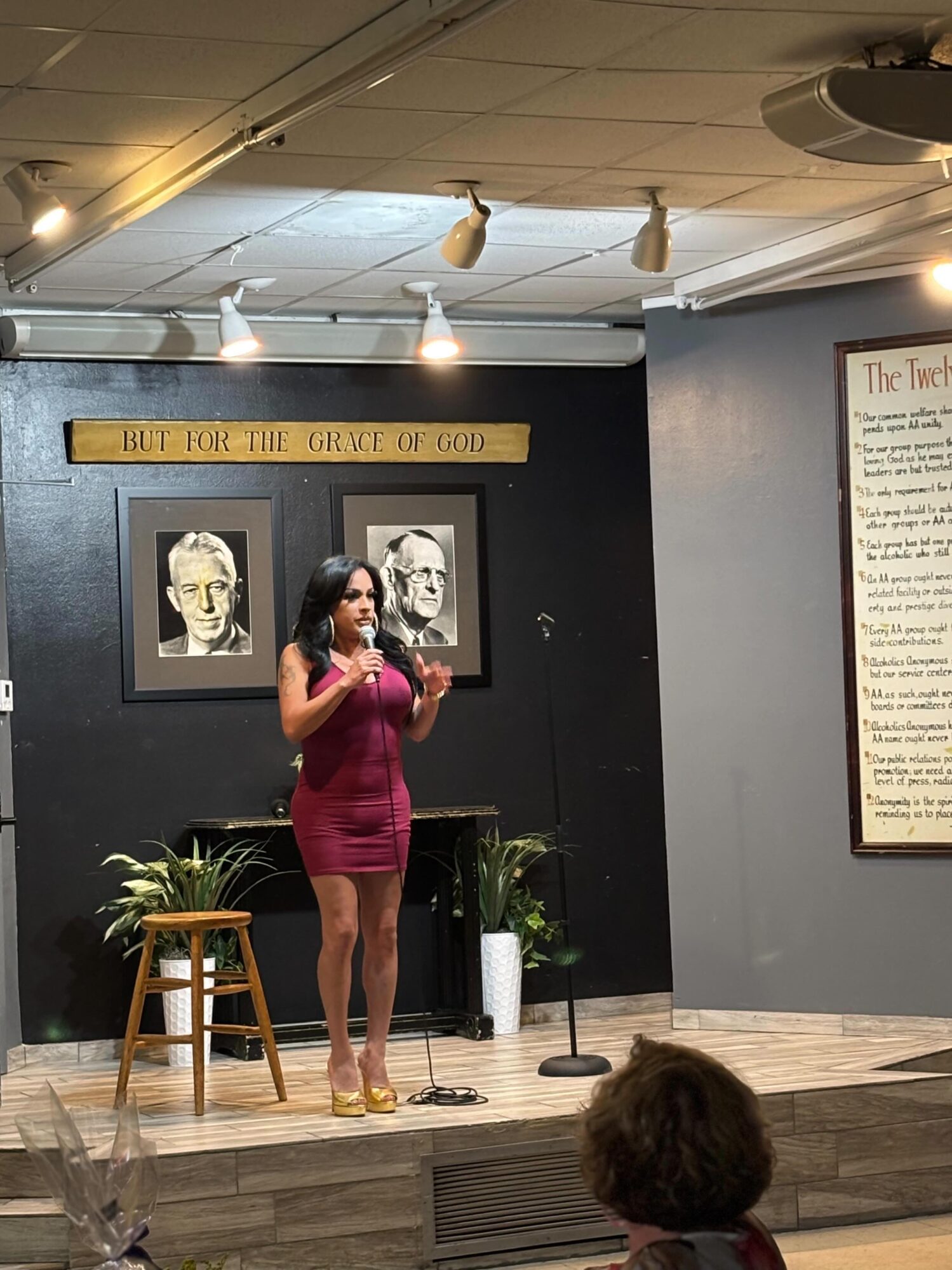 Woman in a pink dress speaking on stage with portraits and plants behind her, audience visible in foreground.