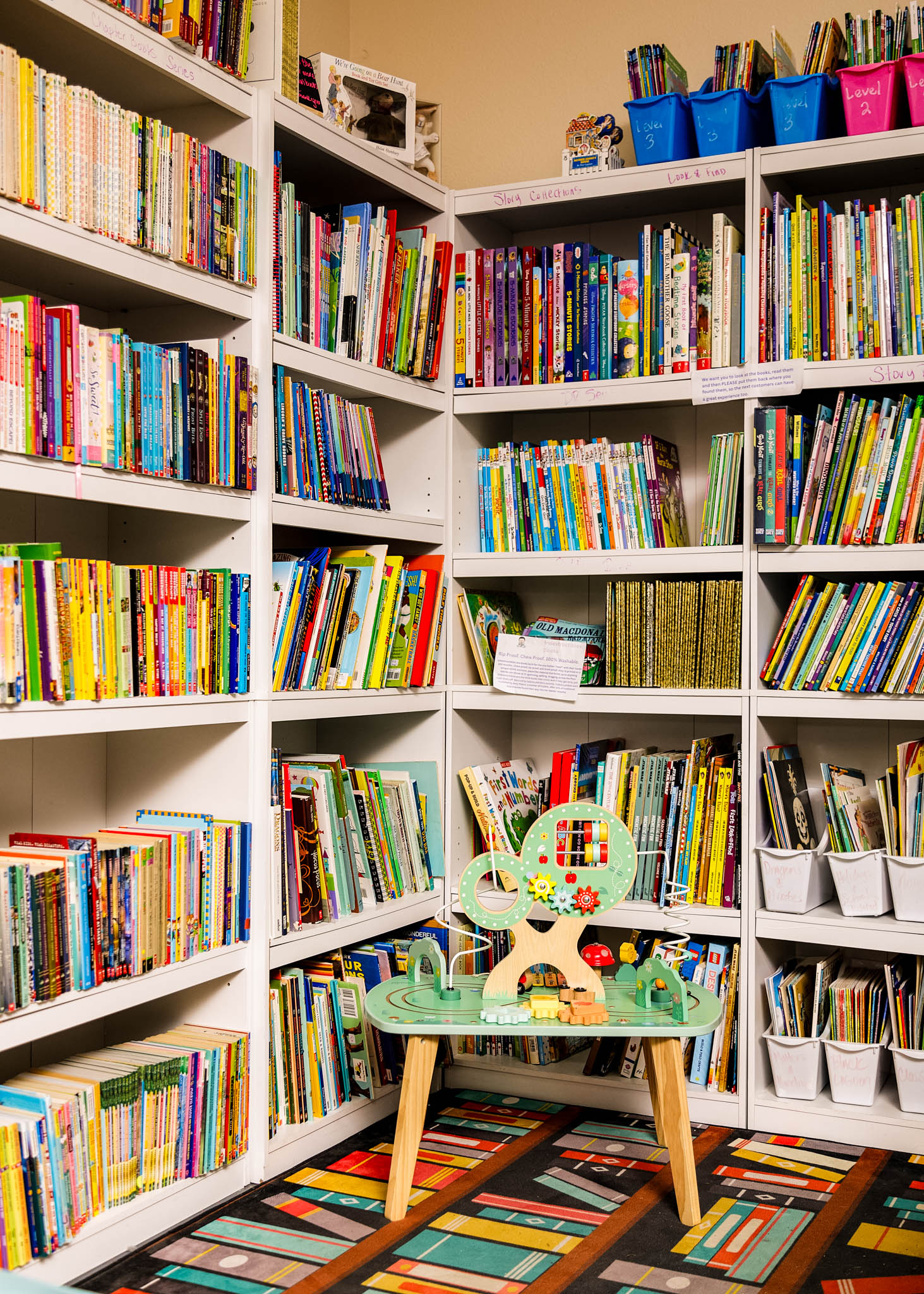 Bookshelves filled with colorful books surround a small chair with a decorative elephant, on a striped rug.