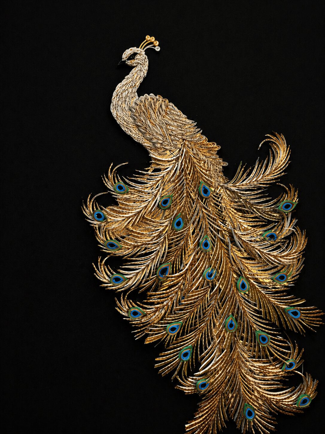 Golden peacock with blue eye spots on tail feathers against black background.