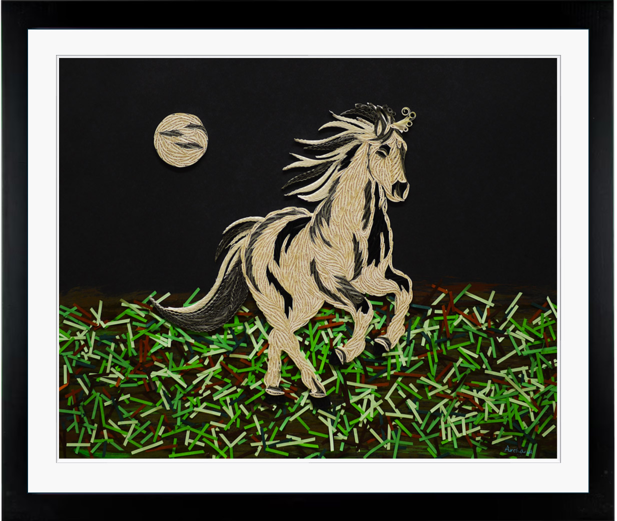 A horse with flowing mane and tail stands on green grass under a moonlit night sky.