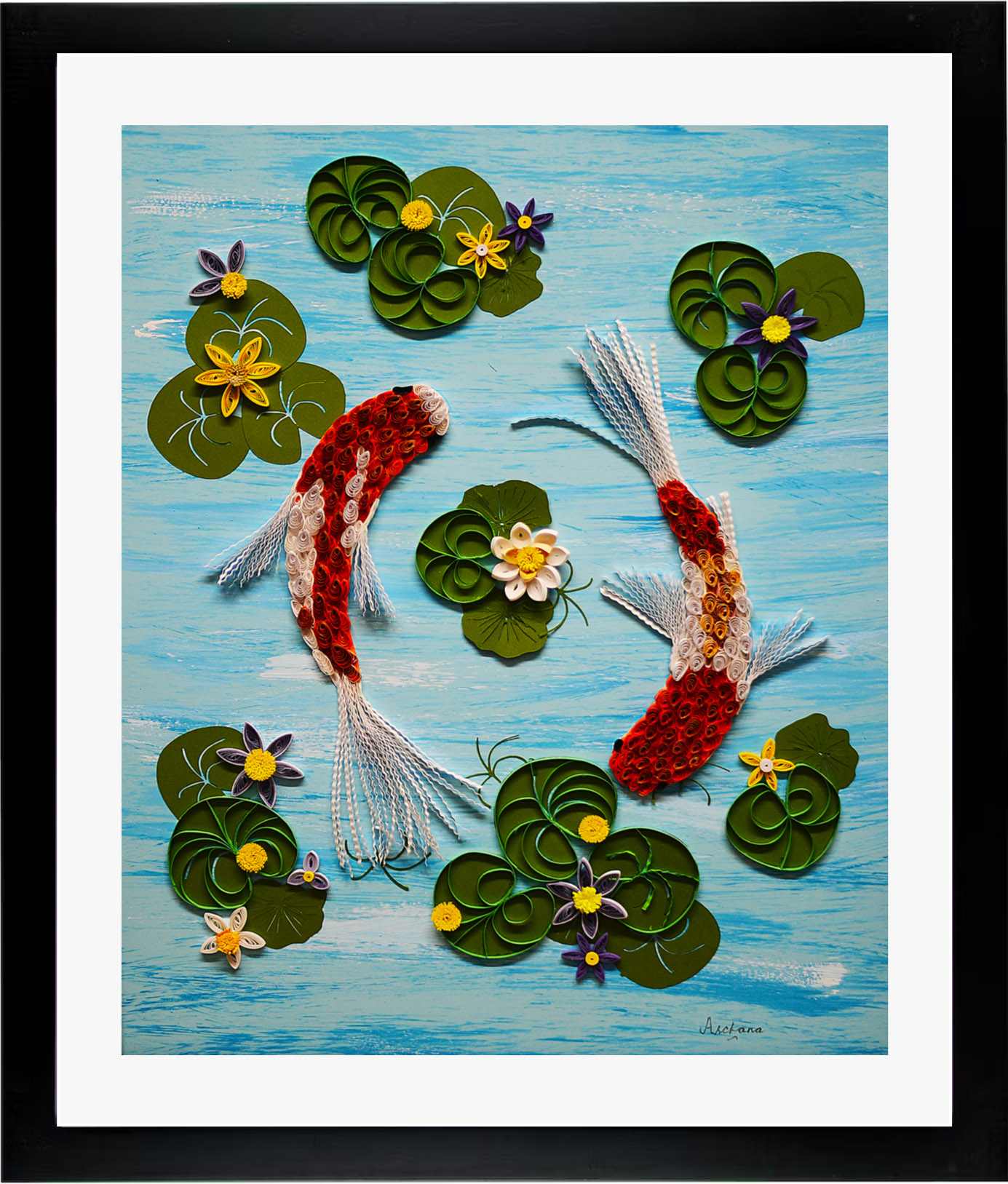 Two koi fish swim among lily pads and flowers on water, framed in black with white matting.