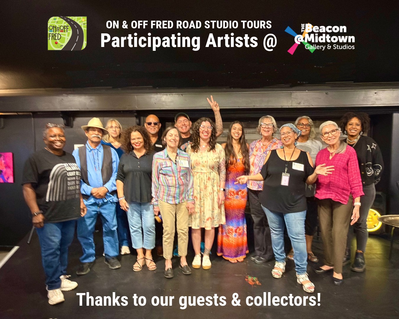 Group of people standing together indoors, smiling, some raising hands, with a sign above and text below thanking guests and collectors.