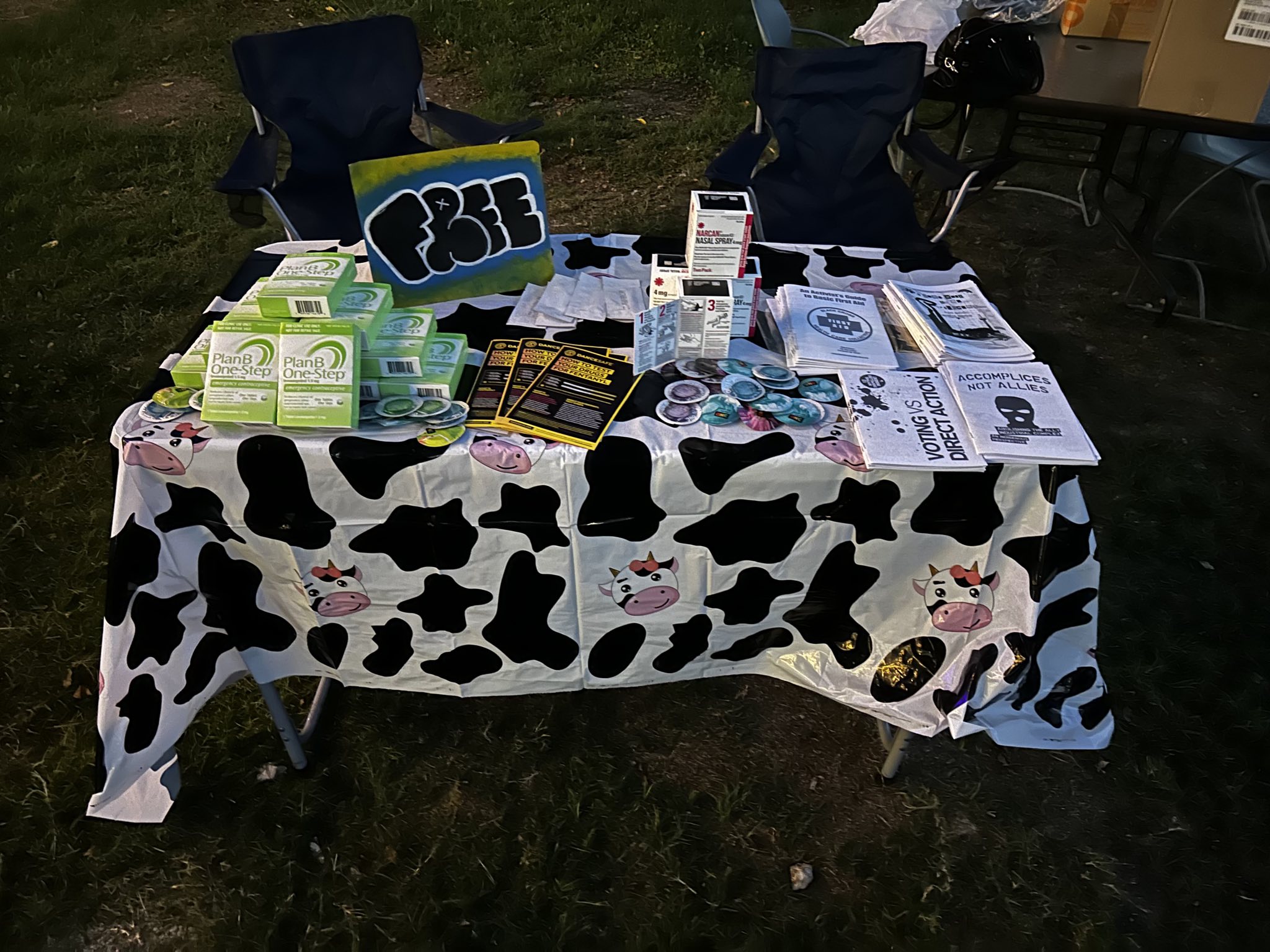 Table with various products and signs, covered with a cow-print tablecloth, outdoors on grass, with chairs and other items nearby.