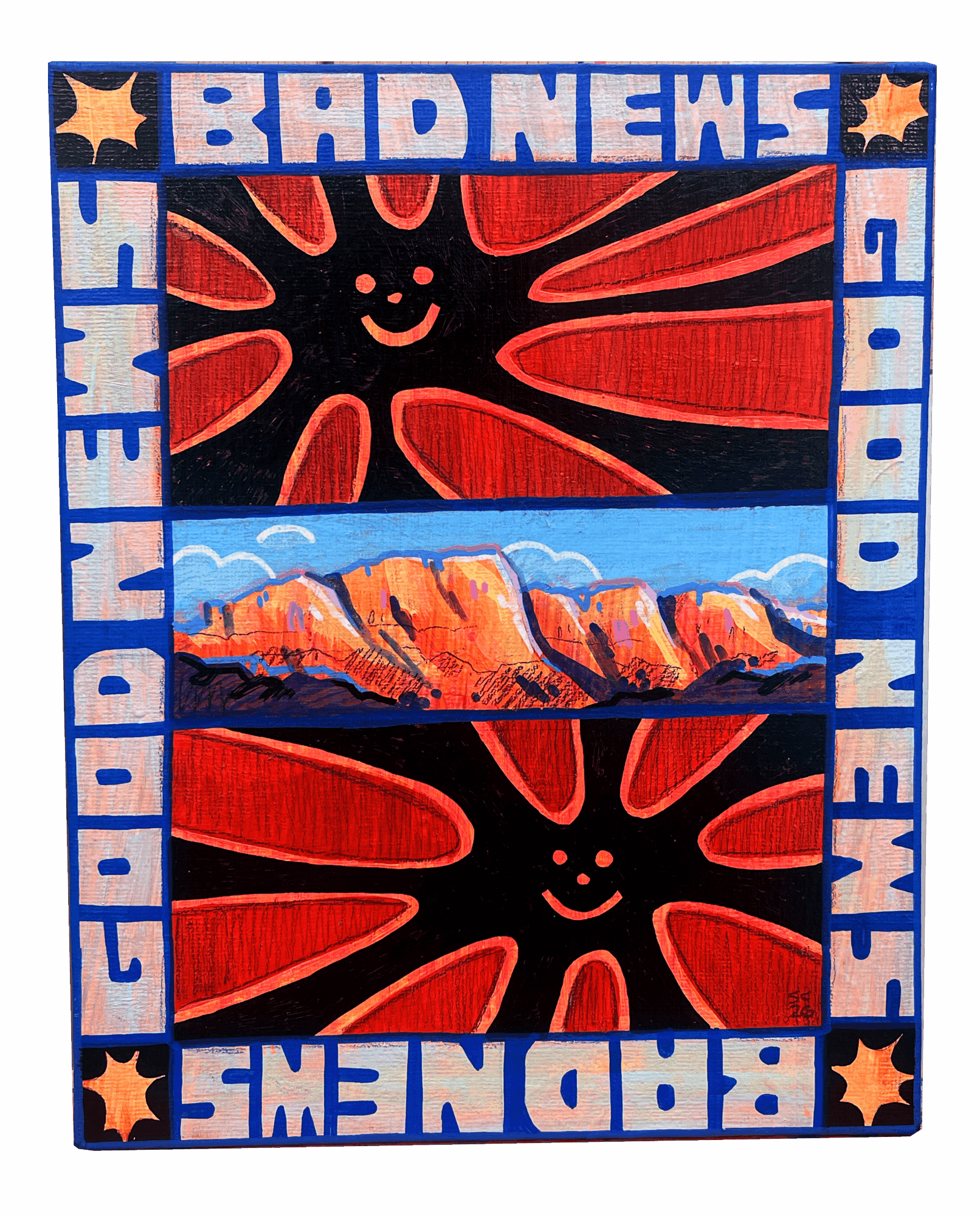 Colorful poster with the words 'BAD NEWS' and 'GOOD NEWS' around a smiling sun and mountain landscape.