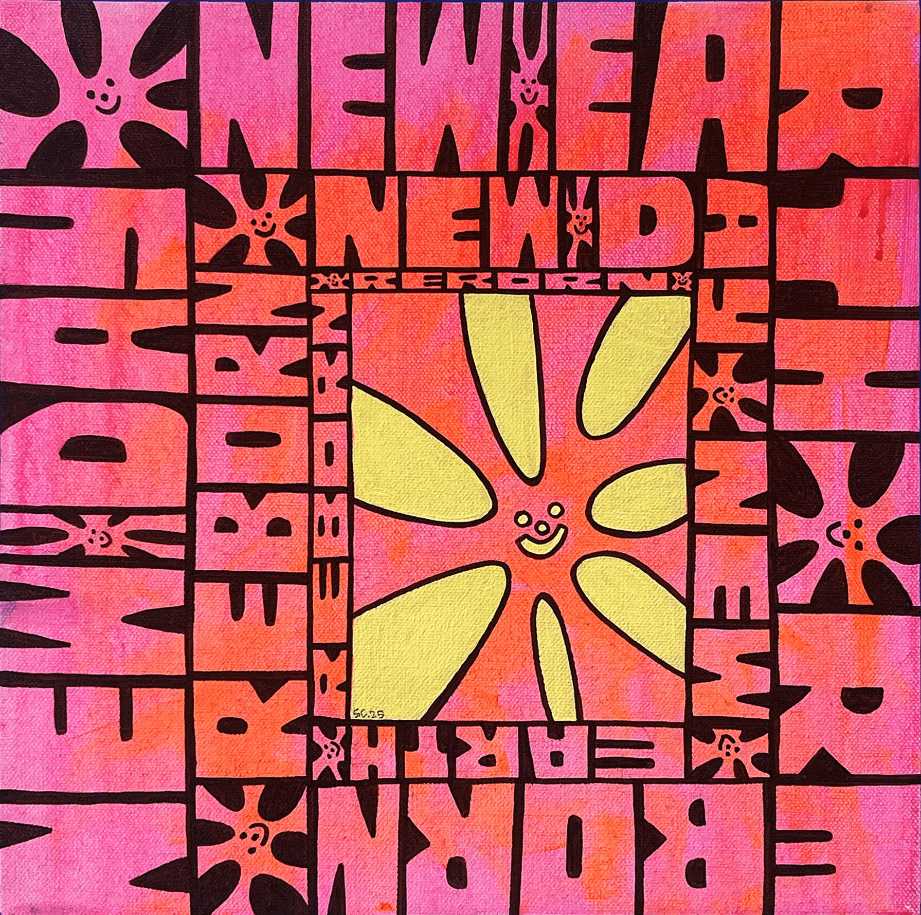 Colorful abstract pattern with bold text and a smiling sun in the center, featuring pink, yellow, and black colors.