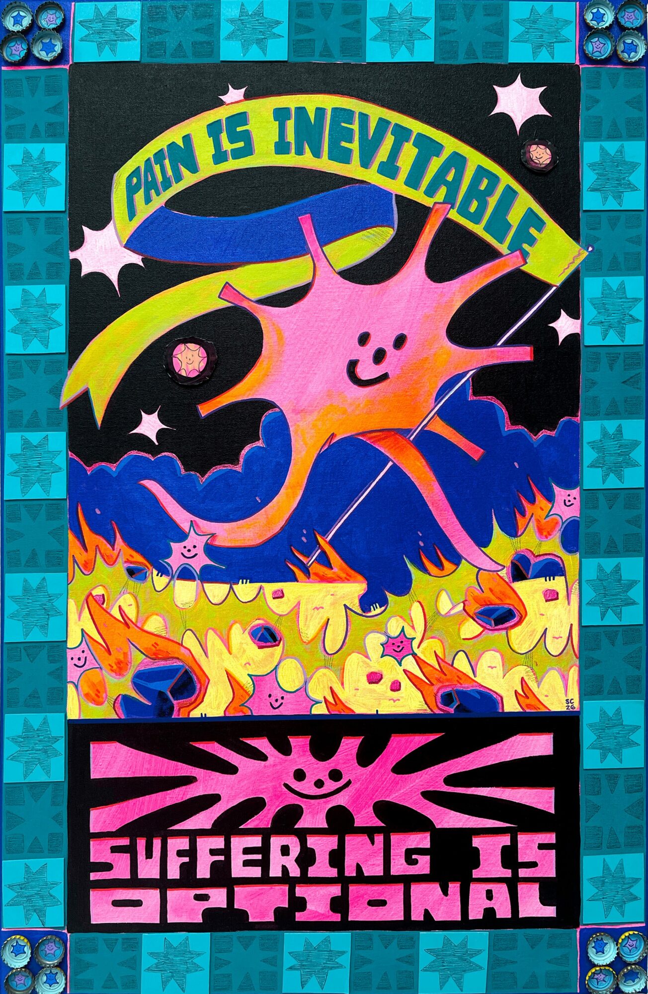 Colorful illustration of a smiling, pink star-shaped creature with a speech bubble saying 'Pain is inevitable,' surrounded by smaller stars and abstract shapes.