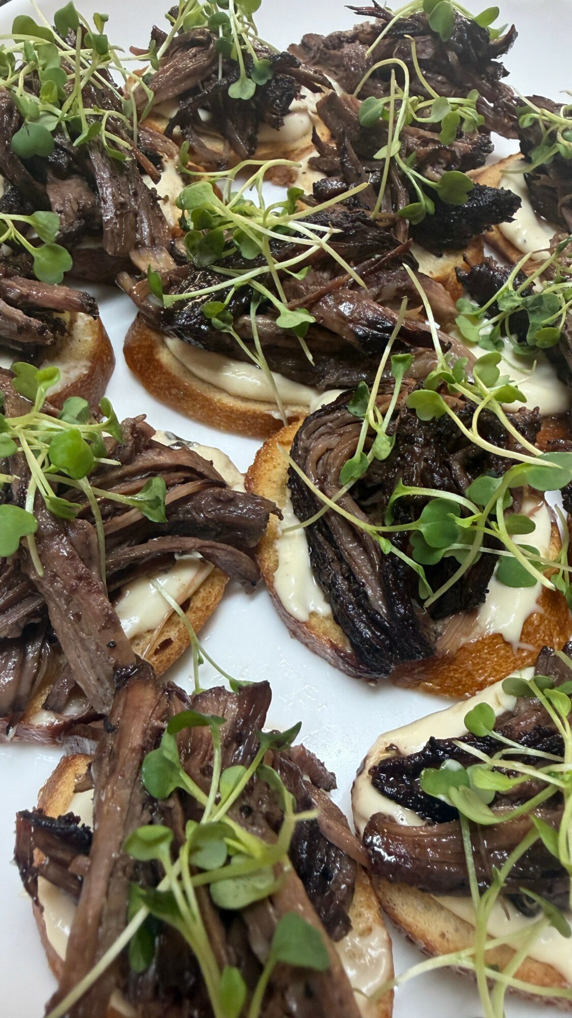 Close-up of small appetizers with toasted bread, dark mushrooms, and green microgreens on top.