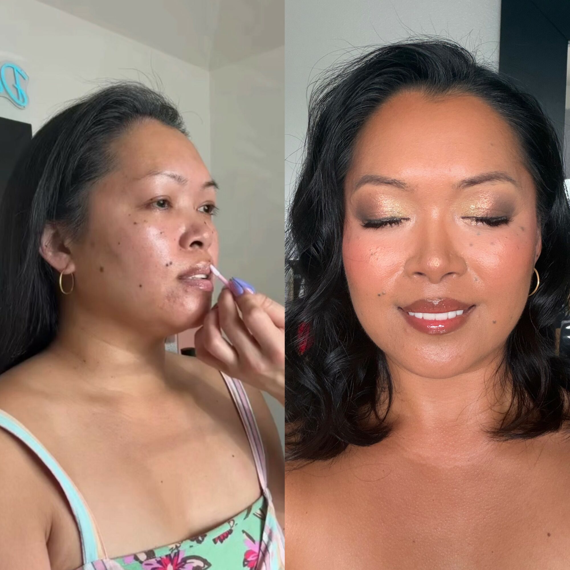 Side-by-side comparison of a woman before and after makeup application, with her eyes closed in the after photo.